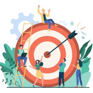 positive-tiny-people-sitting-walking-near-huge-target-with-arrow-isolated-flat-vector-illustration-cartoon-business-team-achieving-goal-aim-marketing-strategy-achievement-concept_74855-10139
